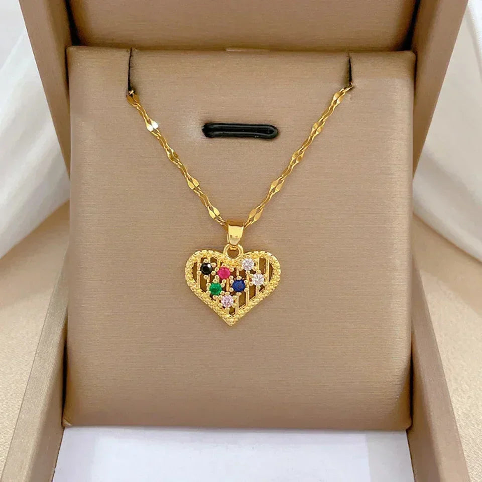 Trendy Heart Stainless Steel Zirconia Necklaces For Women Girls Love Gold Color Metal Necklace Party Birthday Daily Jewelry