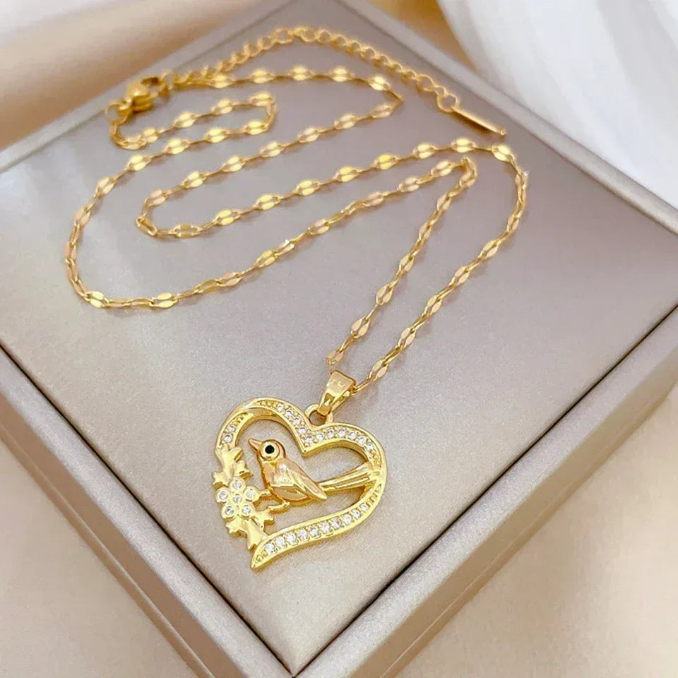 Trendy Heart Stainless Steel Zirconia Necklaces For Women Girls Love Gold Color Metal Necklace Party Birthday Daily Jewelry