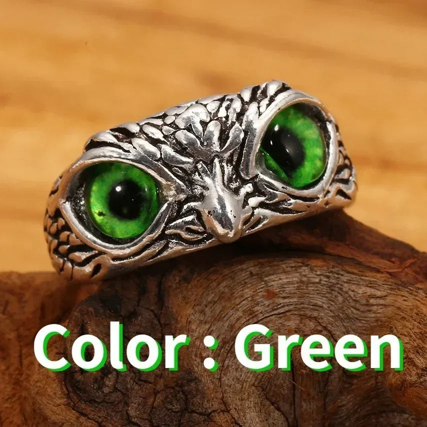 LUMISSORA Athena Vintage Owl Statement Ring (Resizable Gem Eyes)