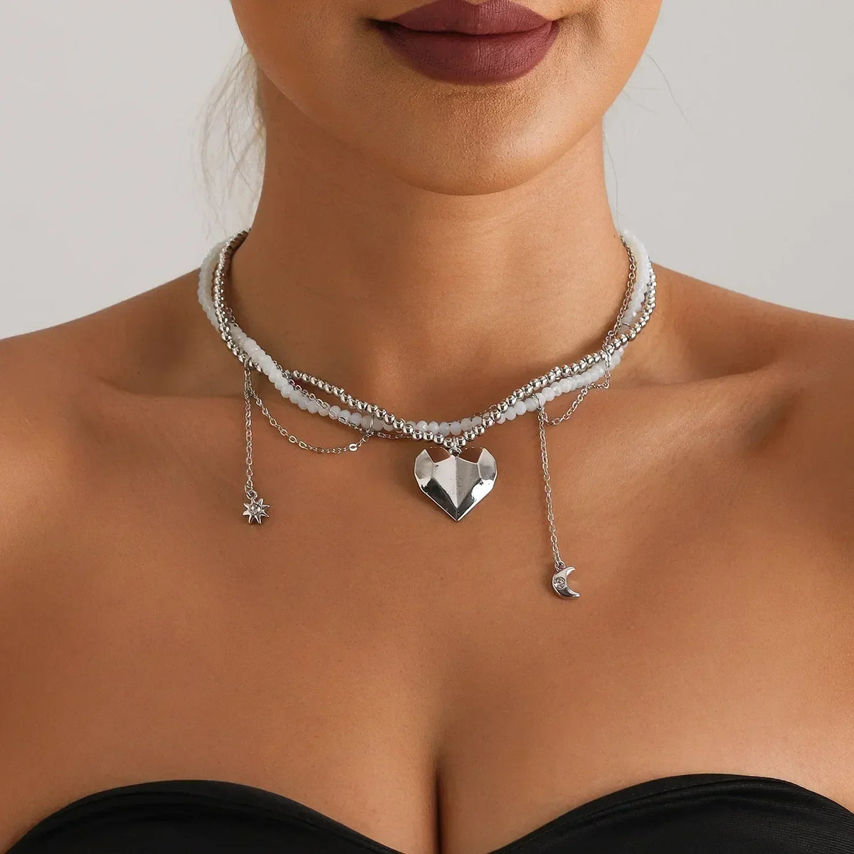 LUMISSORA Prism Crystal & Heart Beaded Choker (18K Gold Finish)