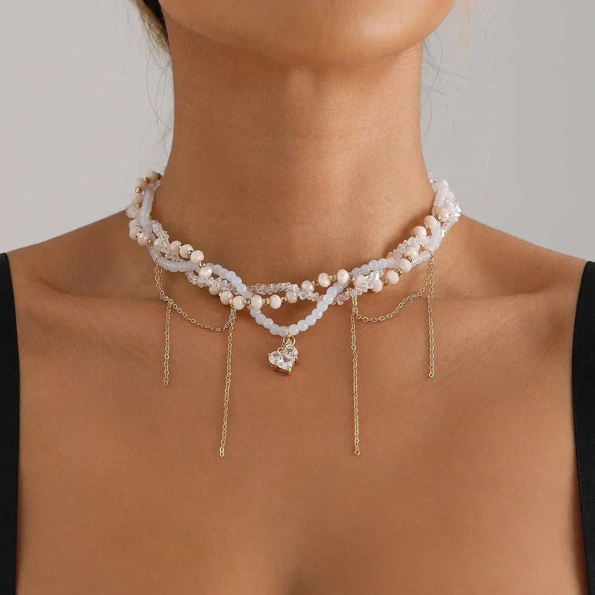 LUMISSORA Prism Crystal & Heart Beaded Choker (18K Gold Finish)