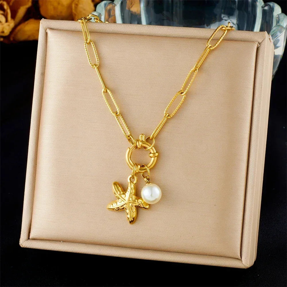 DIEYURO 316L Stainless Steel Golden Ocean Style Starfish Pearl Pendant Necklace Lady New Summer Beach Neck Chain Jewelry Gift